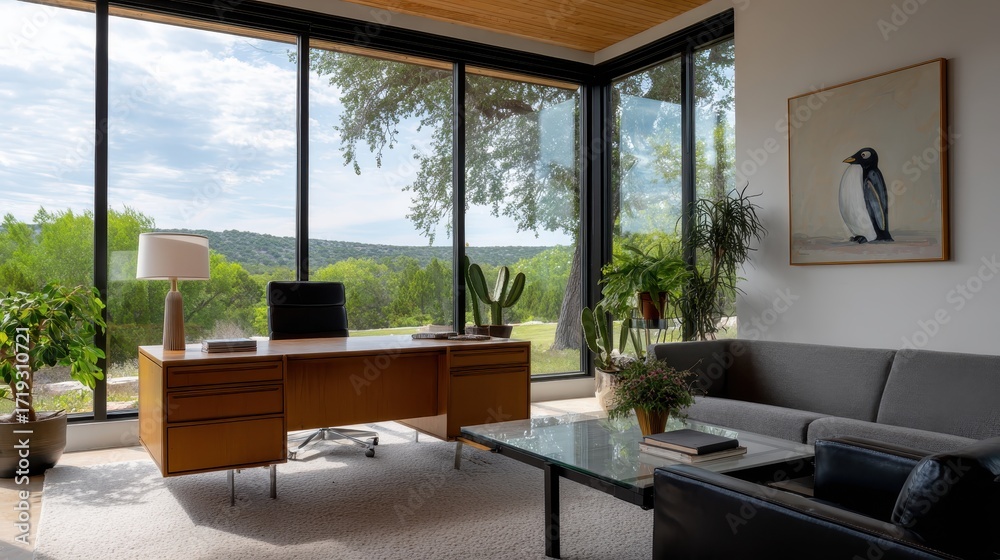 Fototapeta premium Serene Interior with panoramic view: A stylish home office with a minimalist desk overlooking a breathtaking panorama, natural light fills the space, showcasing nature and design.