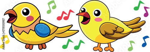 cartoon bird illustration, cute singing bird cartoon, funny yellow bird drawing, adorable songbird artwork, smiling bird vector, happy bird cartoon, musical bird character, playful bird clipart, baby 