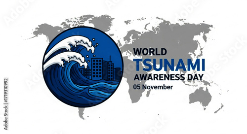 Powerful Tsunami Wave Crashing Cityscape Illustration