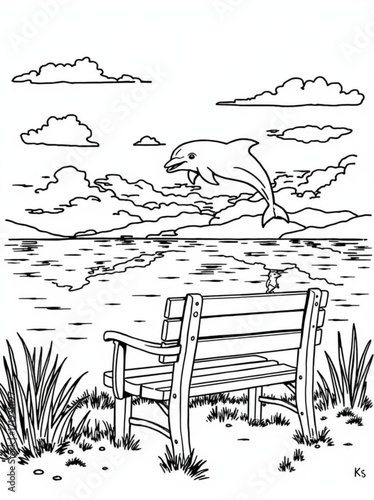Minimilist a scenic view with a bench overlooking water with a dolphin jumping and clouds in the sky above the water vector