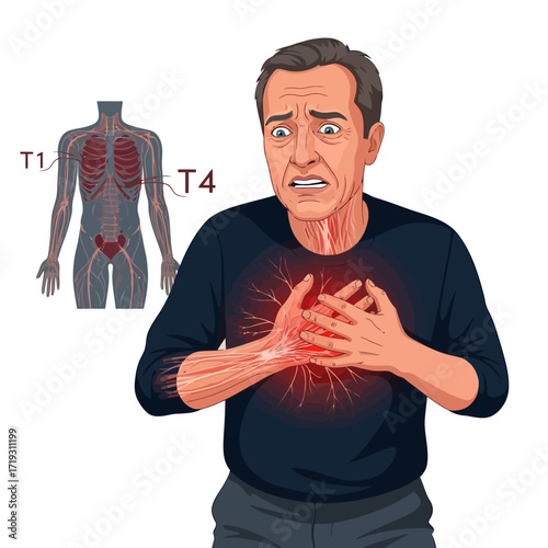 Man experiencing sudden chest pain with radiating pain, a medical illustration for heart health awareness and educational resources on cardiovascular conditions