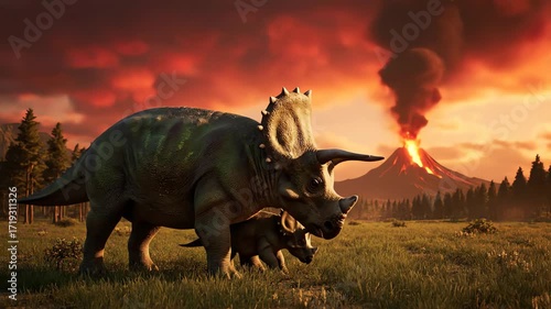 Highly detailed digital illustration of a triceratops mother and calf walking across a prehistoric plain under a dramatic orange sky with an erupting volcano.