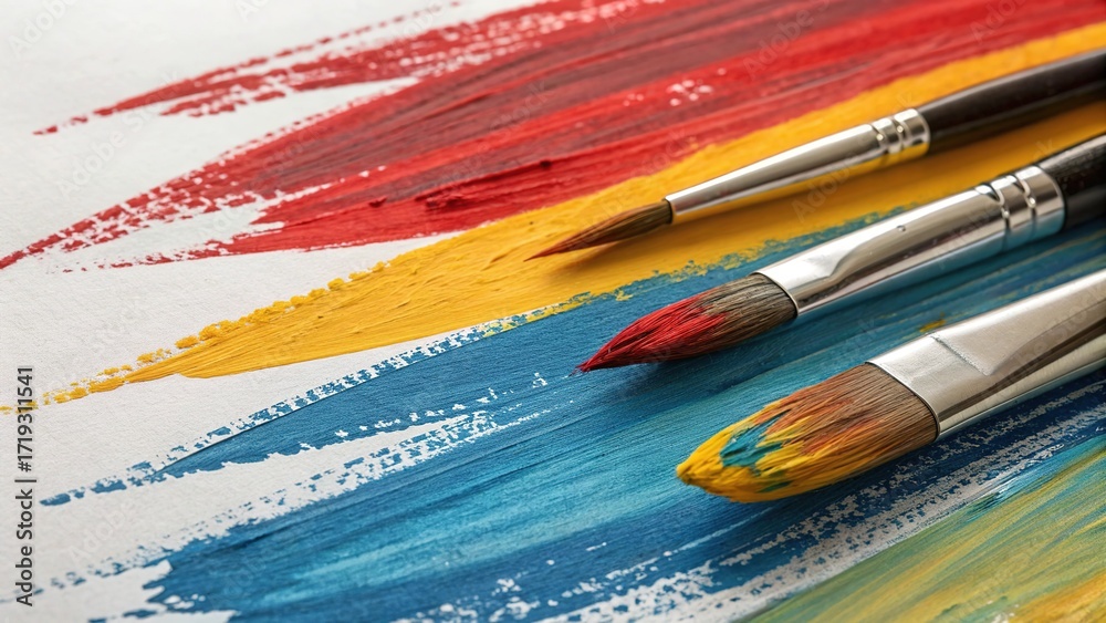 Obraz premium Vibrant acrylic paint brush strokes on canvas showcasing artistic expression and creative process