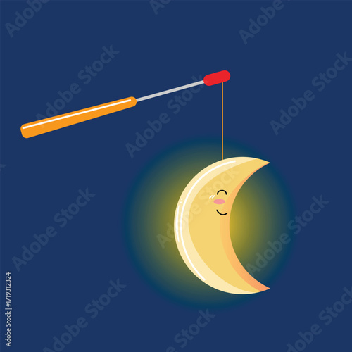 Happy moon paper lantern with handle, warm halo light. Festive autumn celebration graphic for St Martin poster or invitation.