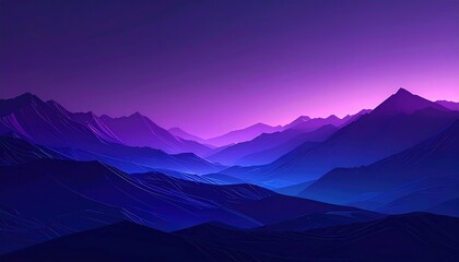 Leinwandbilder Aubergine Abstract mountain range in shades of deep blue and purple hues, layered with a glowing pink/purple sky  © angelica