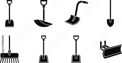 Shovel icons, rake silhouette, snow plow vector, black and white tools, gardening equipment, construction gear, minimal design, isolated set