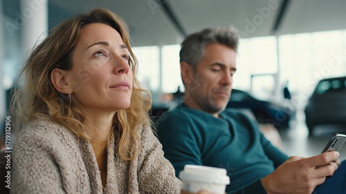 Couple waiting in dealership lounge with focus on woman in foreground
