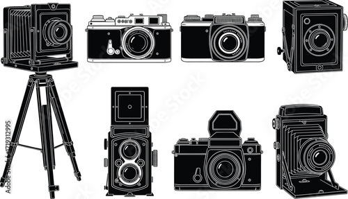 Vintage camera illustration set, black and white vector icons, retro photography equipment, classic film cameras, tripod mounted design, isolated