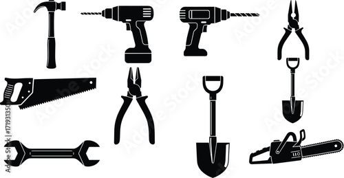 Silhouette, hand tools, power tools, construction, drill, hammer, saw, pliers, wrench, shovel, chainsaw, DIY, repair, hardware, equipment, maintenance, industrial, black, isolated