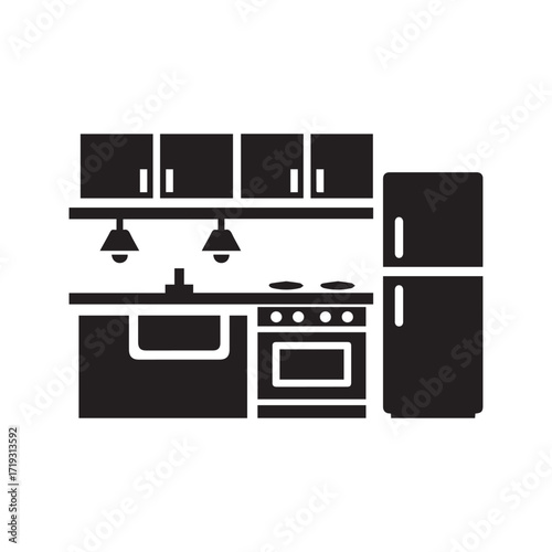 Kitchen interior glyph icon. Home furniture and appliances set. Cooking area with stove, refrigerator, and sink. Black silhouette vector illustration.

