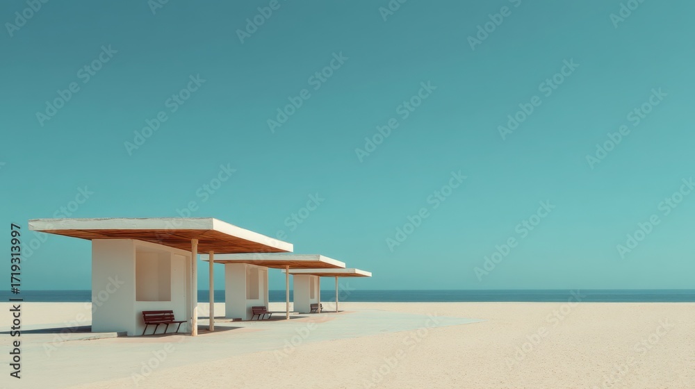 Fototapeta premium Tranquil Beach Scene with Modern Shelters Under Clear Blue Sky Perfect for Relaxation and Leisure Activities