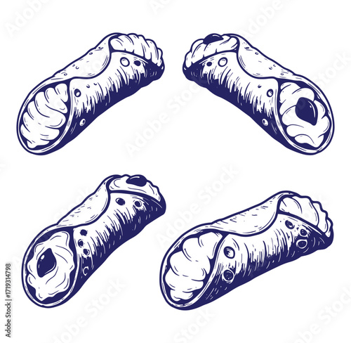Hand drawn illustration of four delicious traditional italian cannoli pastries