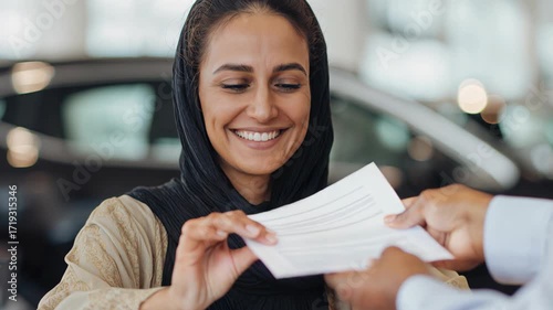 Woman at car dealership service desk reviewing purchase paperwork