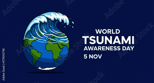 Powerful Tsunami Wave Crashing Over Earth Globe Illustration