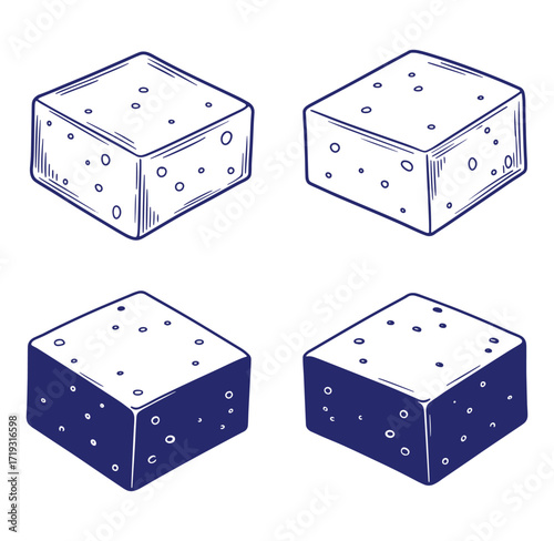Hand drawn illustration of four textured cuboid blocks in a navy blue and white style