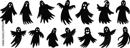 Halloween ghost silhouettes, spooky spirits, cartoon phantoms, haunted illustration, scary characters, supernatural design, creepy artwork, floating ghosts, horror theme, festive decoration