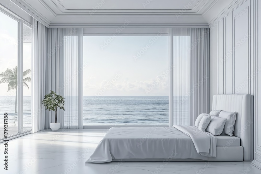 Fototapeta premium A serene, oceanfront bedroom showcasing a modern, minimalist style with large windows, white furnishings, and a tranquil atmosphere.