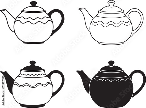 Four decorative teapots in a silhouette style illustration
