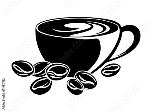Black illustration of a coffee cup with coffee beans without background.