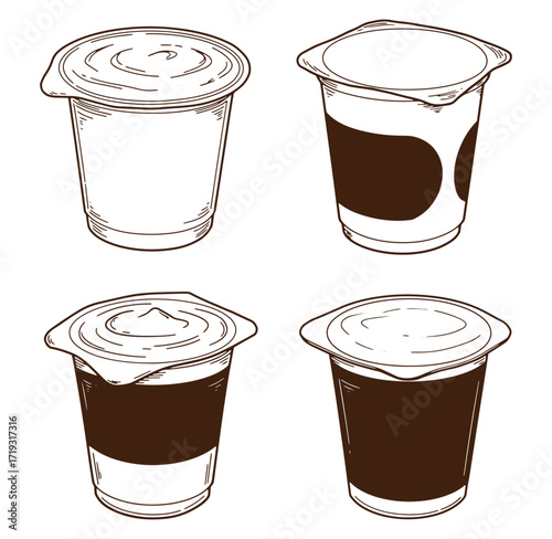 Hand drawn illustration of various yogurt cups with blank labels and details in sketch style