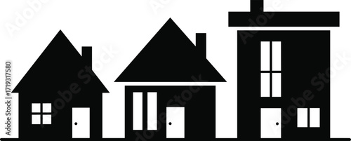 Urban silhouette, black buildings, architectural diversity, cityscape design, minimal skyline, residential shapes, flat roof, chimney house, modern structure, neighborhood contrast