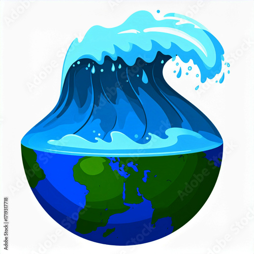 Immense Ocean Wave Crashing Over a Cartoon Earth Globe