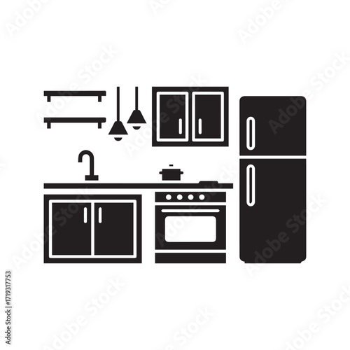 Kitchen interior glyph icon. Home furniture and appliances set. Cooking area with stove, refrigerator, and sink. Black silhouette vector illustration.
