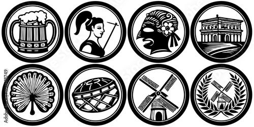 Collection of classic circular emblems featuring historical symbols like beer mugs, buildings, windmills, and european festival