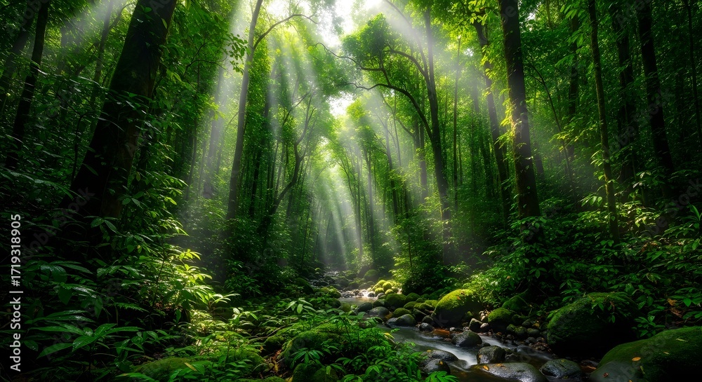 Fototapeta premium Sunlight pierces through the dense canopy of a vibrant green forest, illuminating a mossy stream below.