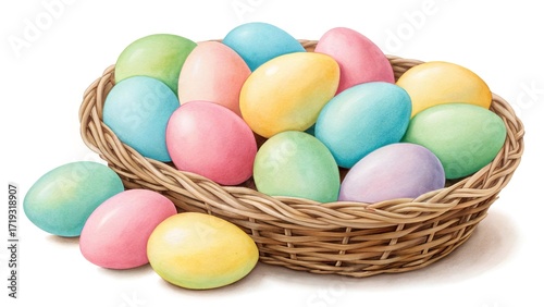 Colorful easter eggs in a pastel palette resting in a woven basket for spring celebrations