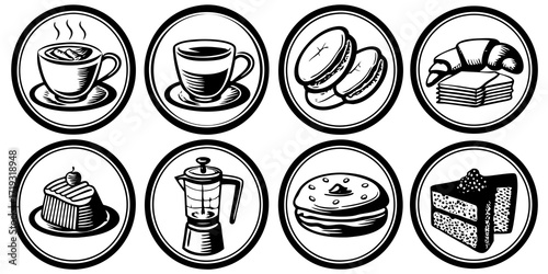 hand drawn vector illustration of a set of black and white drinks and food, cafe theme