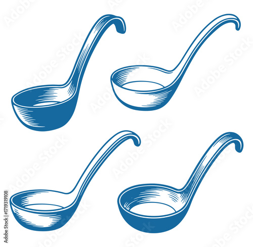 Hand drawn illustrations of blue ladles in various positions on a pristine white background