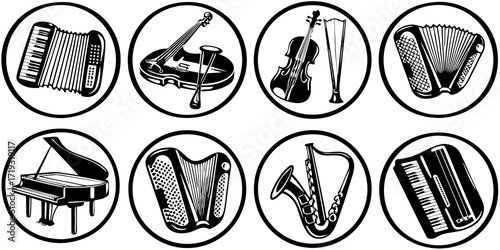 Collection of musical instruments in bold black and white circles for design and branding