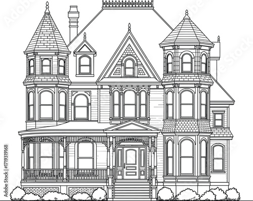 Victorian house, architectural drawing, ornate design, vintage home, turrets, woodwork, porch, gable, historical building, illustration, facade, trim, windows, entrance, residential, symmetrical