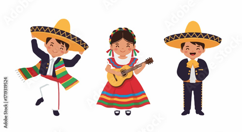 Joyful Mexican children celebrating culture with music and dance in festive attire