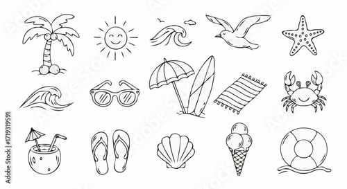 Joyful summer beach icons capture vacation vibes with coconut drink, surfboard, and sunny palm tree