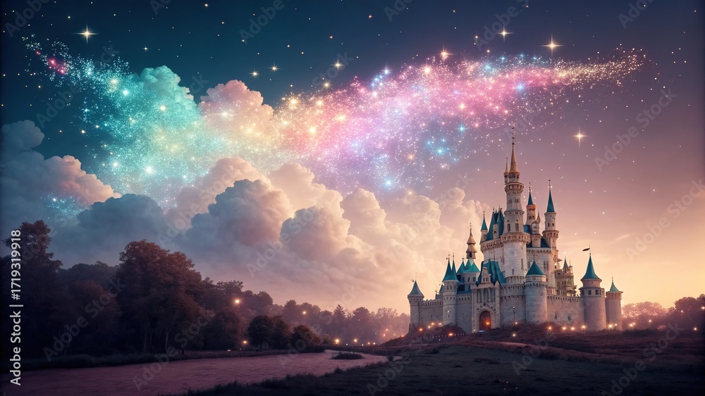 Fototapeta premium Magical castle under a fairy dust cloud with sparkling stars at twilight