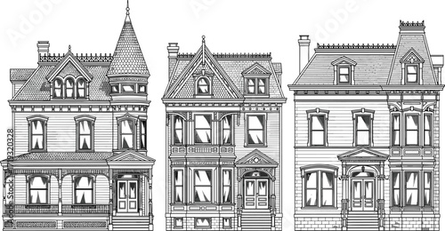 Victorian house illustration, architectural drawing, ornate design, vintage home, turret, mansard roof, bay windows, decorative trim, historical style, porch details