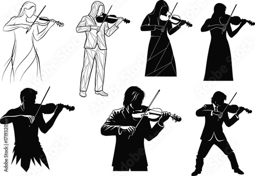 Violinist silhouette set, music player vector, classical musician clipart, black white illustration, violin performance art, elegant pose drawing