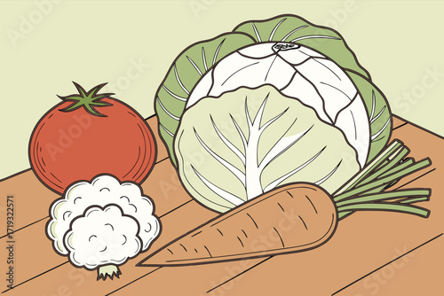 A seamless vector pattern of fresh vegetables and fruits with floral art on a white background