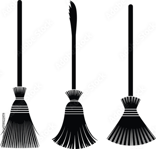 Vintage broom silhouettes, vector illustration, cleaning tools, rustic design, witchcraft symbols, household items, dark tones, minimal style, icon set