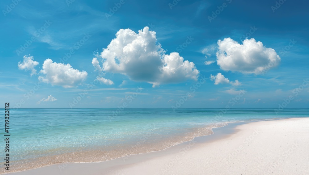 Fototapeta premium Sunny beach scene with turquoise water and fluffy clouds