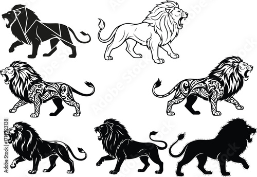 Walking lion silhouette, tribal lion design, geometric animal vector, wild beast illustration, majestic predator clipart, black white graphic art