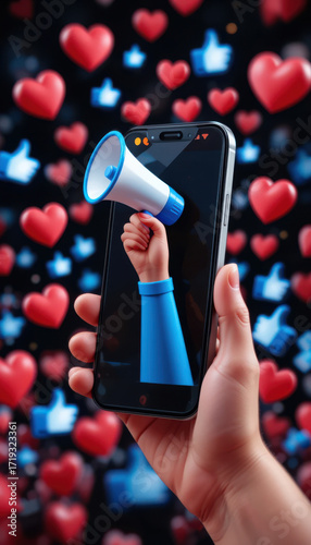 Hand holding smartphone with megaphone and social media icons in background