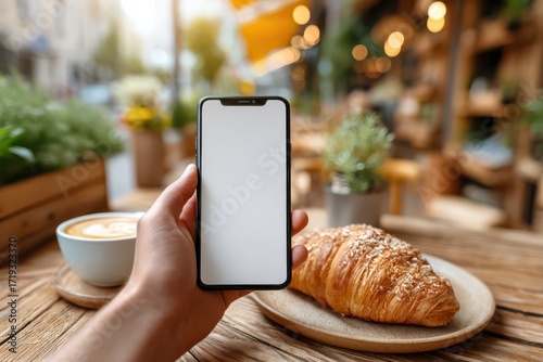 Hand holding smartphone with blank screen at outdoor cafe with coffee and croissant