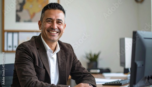 a smiling forty man with short black hair wearing a brown jacket and a white shirt sitting at the desk in the office