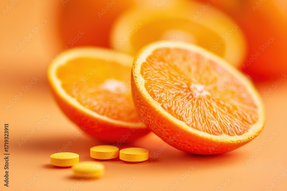 Fototapeta premium Fresh orange slices with tablets