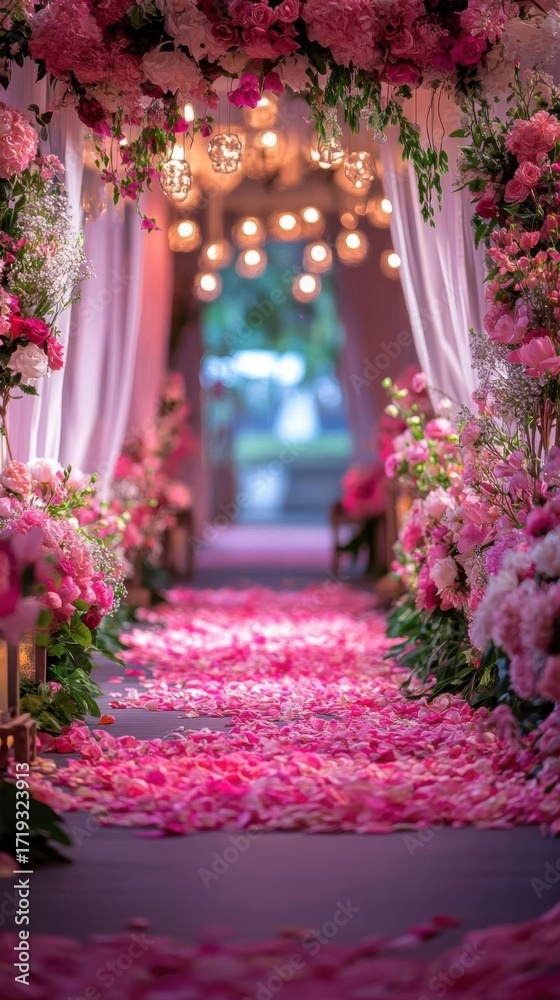 Fototapeta premium Romantic wedding aisle decorated with pink flowers and petals. Elegant event setup.