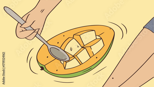 Illustration of mango fruit being scooped with spoon for healthy eating and food preparation guide