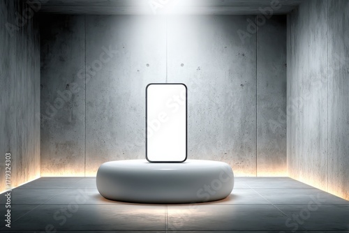 Modern smartphone with blank white screen on minimalist display pedestal in concrete room